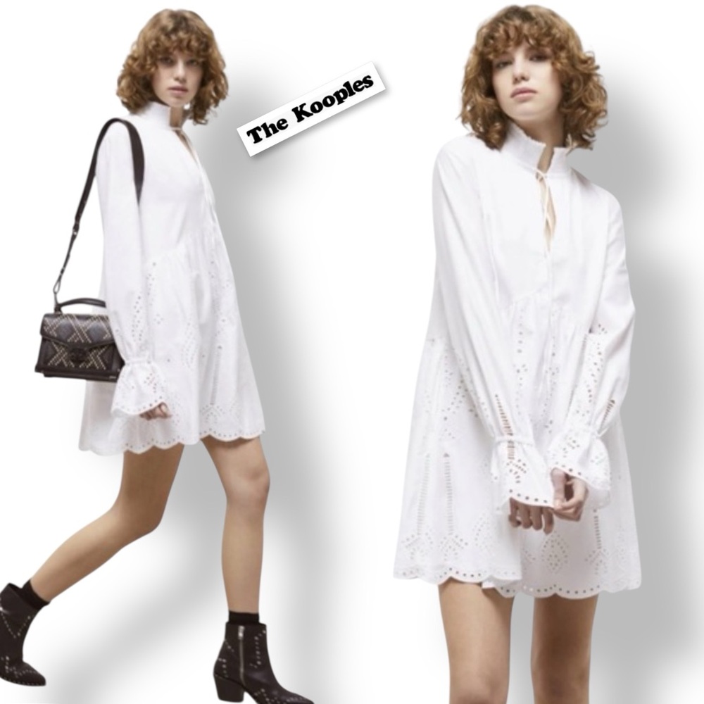The Kooples Paris White Mini Dress With Broderie Anglaise Long Sleeve Size 2